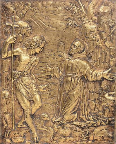 Placca in Rame Sbalzato, Cesellato e Dorato Raffigurante San Francesco e S. Giovanni Battista, Ar...