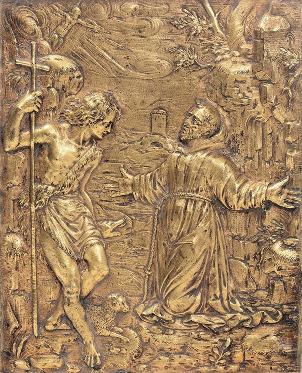 Placca in rame sbalzato, cesellato e dorato raffigurante san Francesco e S. Giovanni Battista, arte Italiana del  XVII secolo