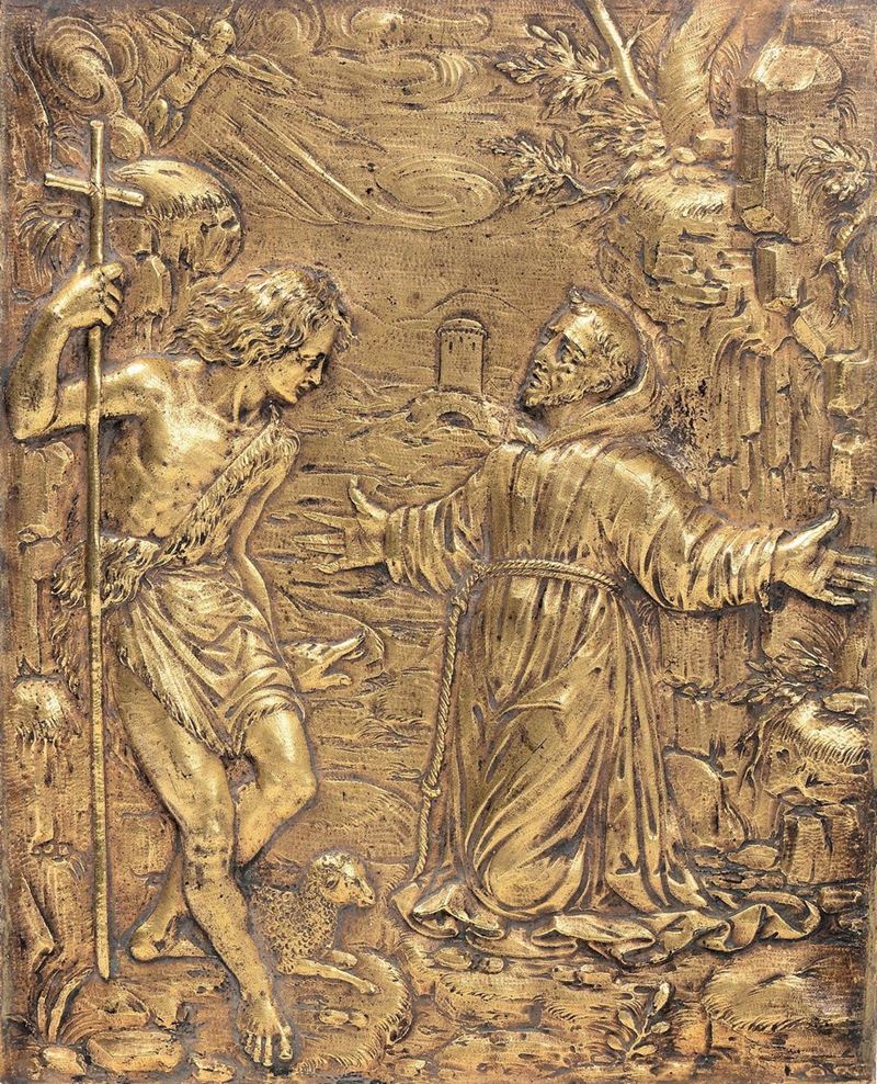A copper-gilt plaque with St. Francis and St. John the Baptist, 17th century Italian art.  - Auction Sculpture and Works of Art - Cambi Casa d'Aste