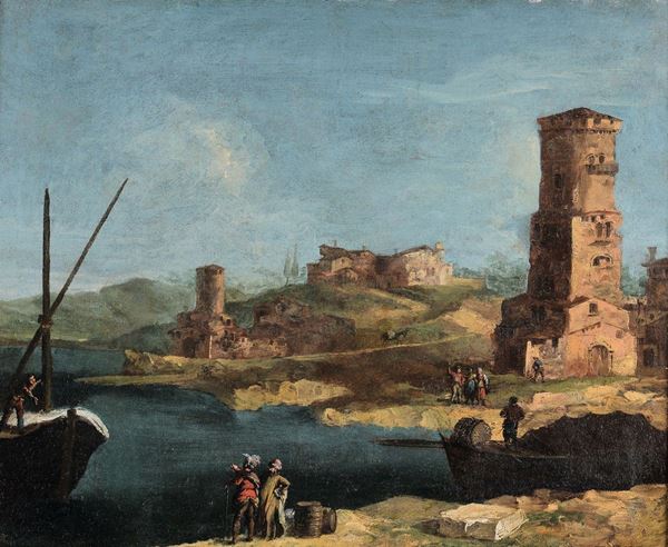 Francesco Albotto (Venezia 1721 - 1757) Scorcio di costa con torrione