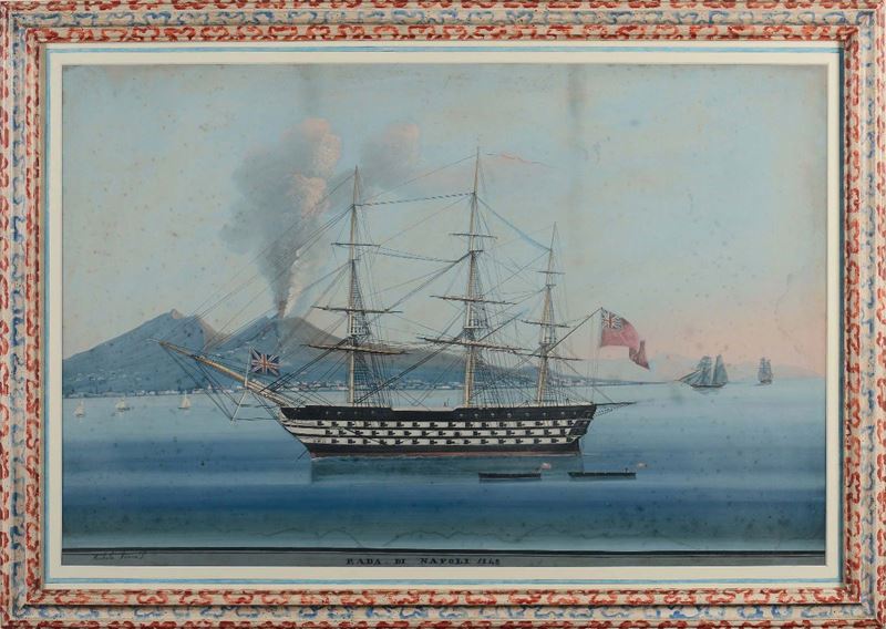 Michele Funno (attivo 1830-1865) Ritratto di veliero nel golfo di Napoli  - Asta Arte Marinara e Strumenti Scientifici - Cambi Casa d'Aste