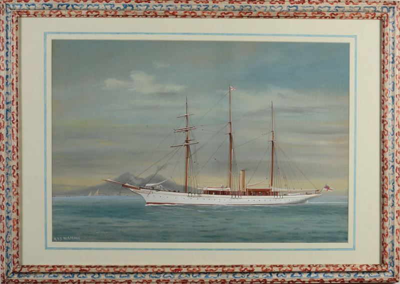 Antonio De Simone (1851-1907) Ritratto del RYS Norsemann nel golfo di Napoli  - Asta Arte Marinara e Strumenti Scientifici - Cambi Casa d'Aste