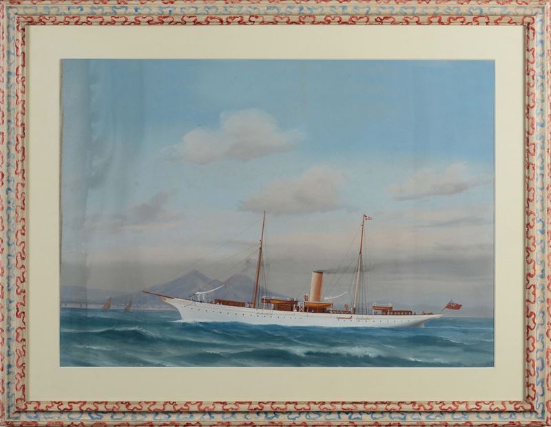 Antonio De Simone (1851-1907) Ritratto di Steam Yacht in navigazione nel golfo di Napoli  - Asta Arte Marinara e Strumenti Scientifici - Cambi Casa d'Aste