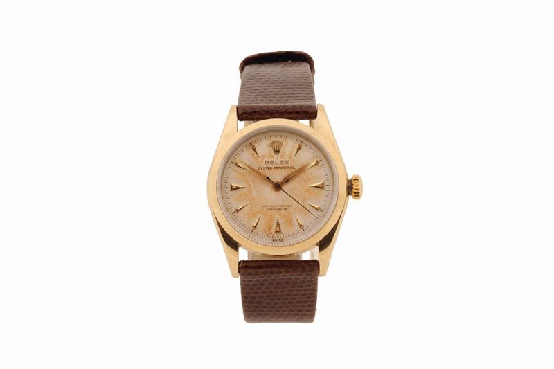 Rolex, “Oyster Perpetual, Officially Certified Chronometer, Ref. 6334, case No. 982687, rare, center seconds, water-resistant, yellow gold and steel wristwatch with original Rolex buckle. Made circa 1950  - Auction Watches and Pocket Watches - Cambi Casa d'Aste