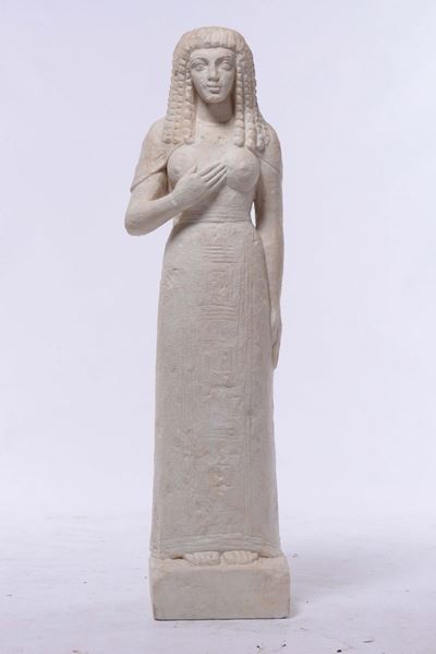Scultura in Marmo Bianco Raffigurante Cariatide Egizia, XIX-XX Secolo
