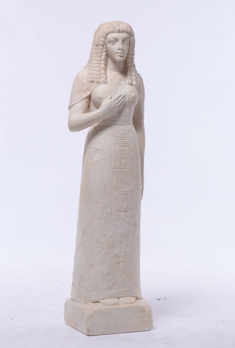 Scultura in Marmo Bianco Raffigurante Cariatide Egizia, XIX-XX Secolo