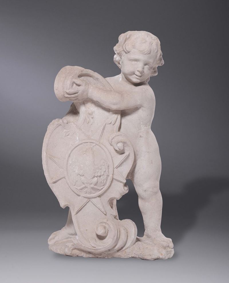scultura in pietra raffigurante putto che regge stemma, Arte Veneta del XVII secolo  - Asta Scultura e Oggetti d'Arte - Cambi Casa d'Aste