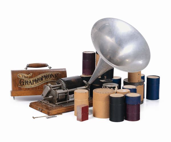 Fonografo a rullo The Graphophone completo di tromba e testina e circa 20 rulli a cera incisi