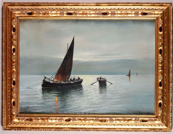 A. Mari (XX secolo) Marina con barche