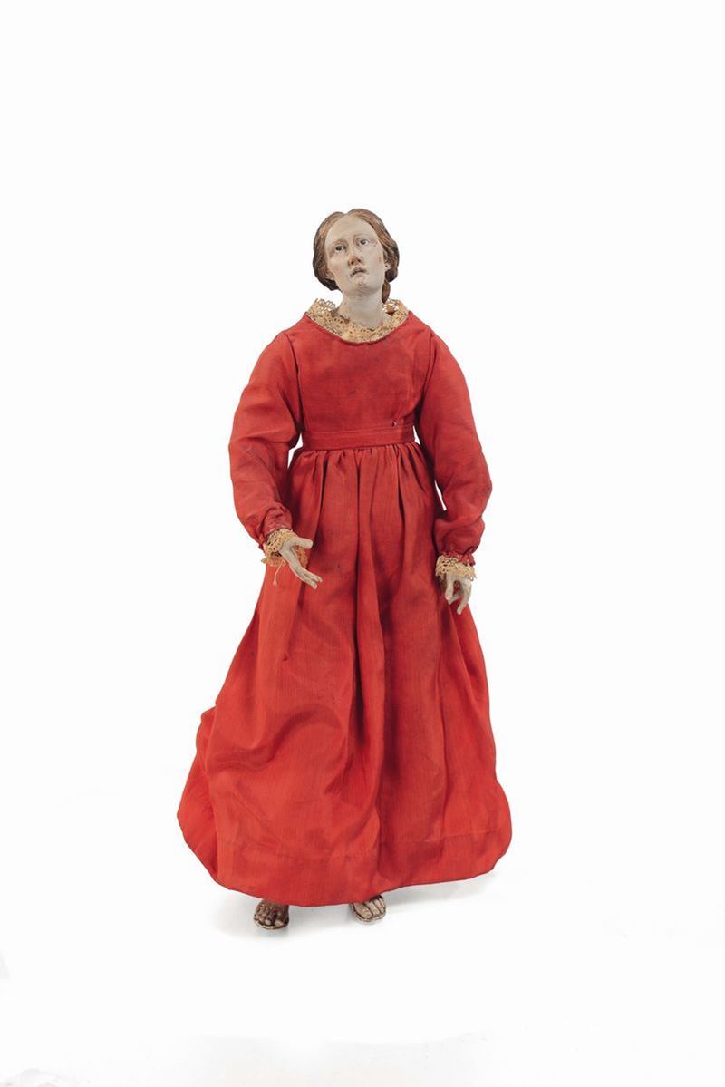 Scultura da presepe raffigurante gentildonna con abito rosso, Napoli, XVIII/XIX secolo  - Asta Asta a Tempo Antiquariato - II - Cambi Casa d'Aste