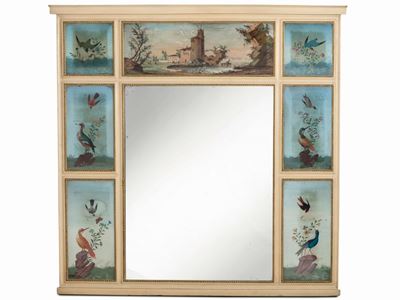 Caminiera in Legno Laccato e Dorato con Dipinti a Tempera su Carta Raffiguranti Volatili, Vittori...