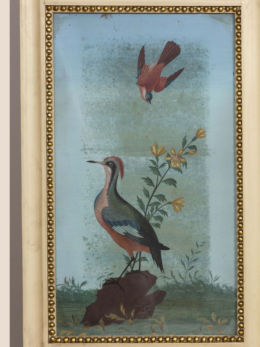 Caminiera in Legno Laccato e Dorato con Dipinti a Tempera su Carta Raffiguranti Volatili, Vittori...