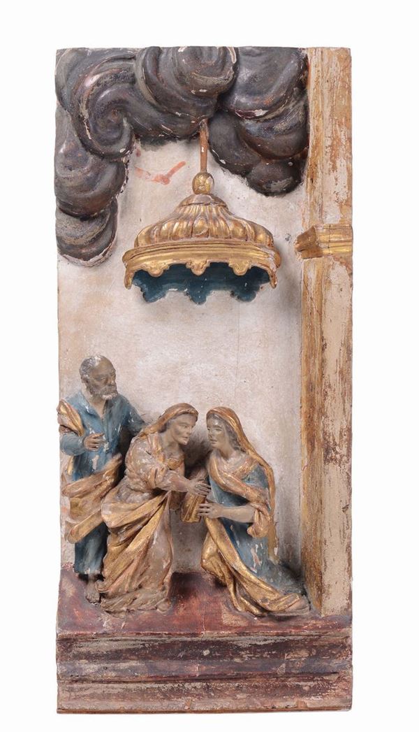 Gruppo scultoreo in legno policromo e dorato raffigurante la Visitazione. Scultore operante nel nord Italia tra il XVI e il XVII secolo.