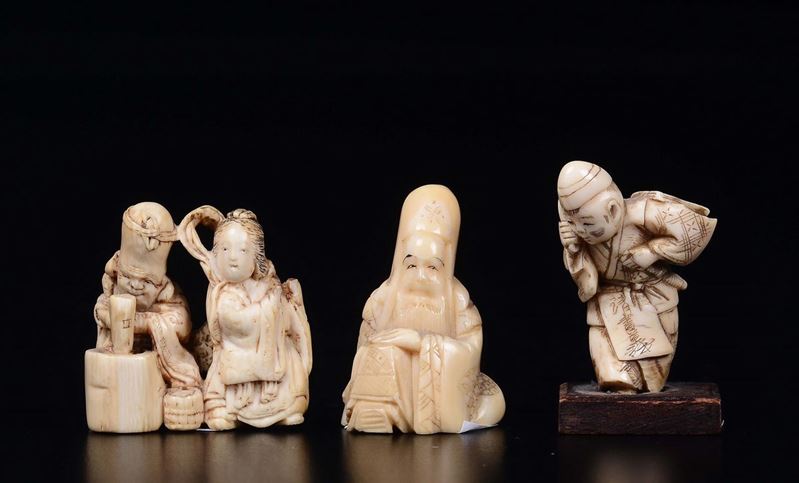 Three small carved ivory figures, Japan, early 20th century  - Auction Chinese Works of Art - Cambi Casa d'Aste