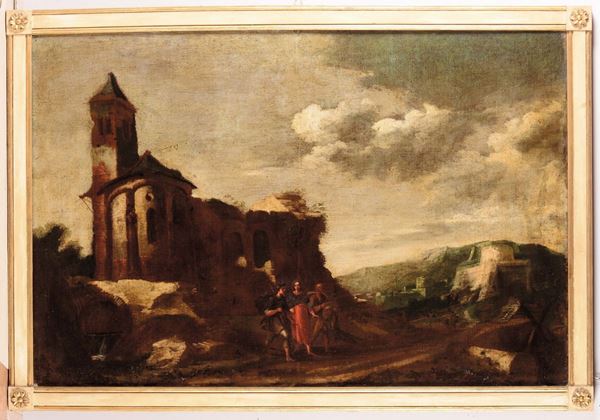 Antonio Travi (1608-1665) scuola di Paesaggio con rovine e figure