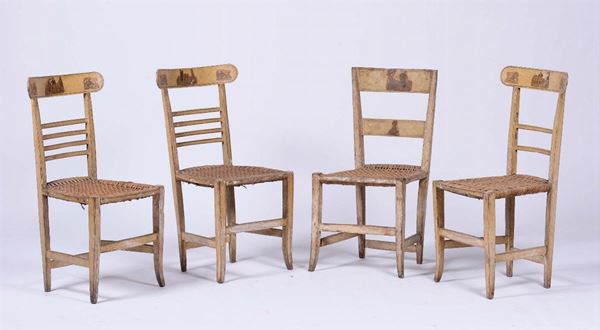 Quattro sedie in legno laccato e dipinto, XIX secolo