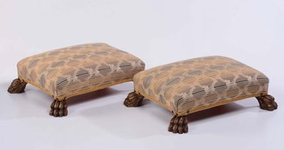 Coppia di Poggiapiedi in Legno e Stoffa, XX Secolo