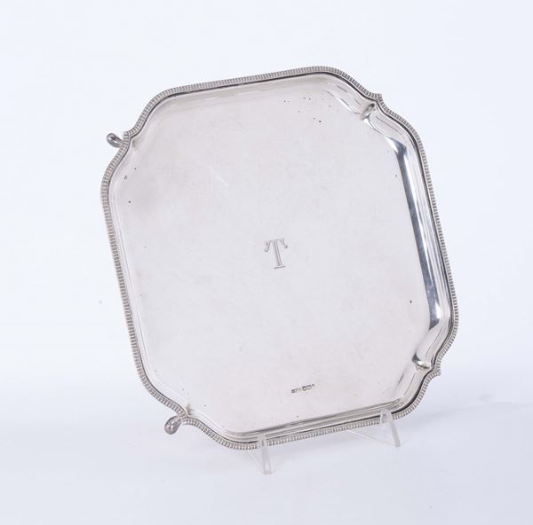 Salver quadrato in argento con monogramma T, città di Sheffield 1933, argentiere GM & S.