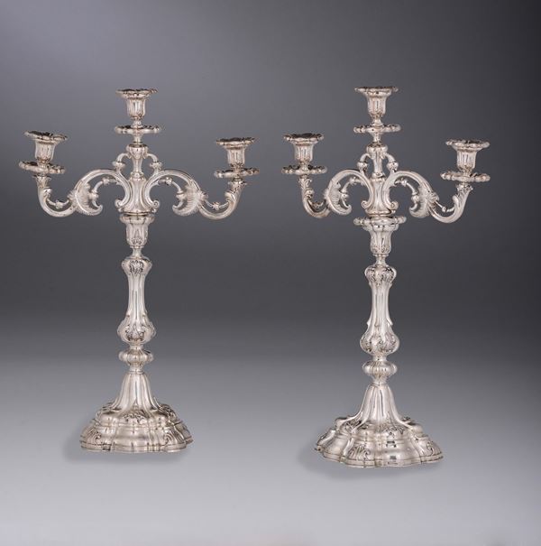 Coppia di candelabri a tre fiamme in argento, Impero Austro ungarico XIX secolo, argentiere L.Janesich