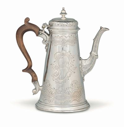 Caffettiera in Argento Sterling Fuso, Sbalzato e Cesellato, Londra 1738, Argentieri s.I.