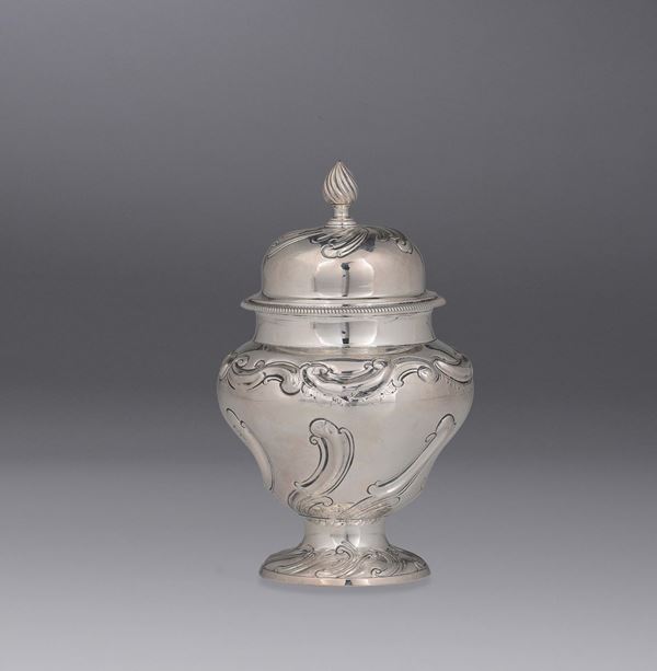 A sterling silver tea caddy, London 1758, maker Thos. Powel (?)