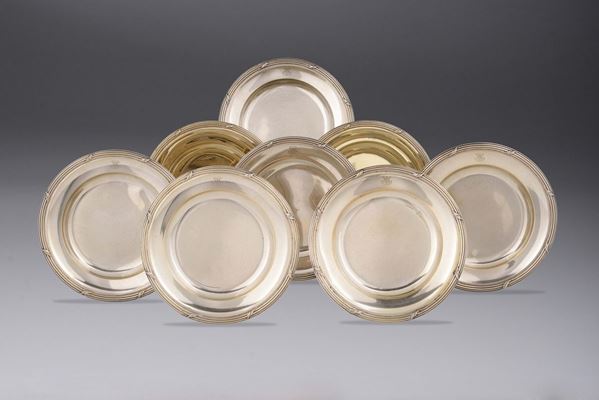 8 vermeille silver plates, Paris, marks, maker G. Keller