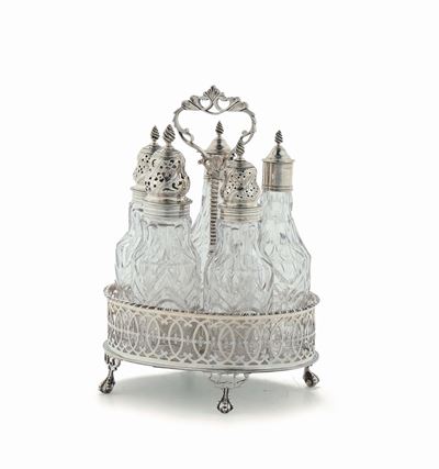 Cruet in Argento con Cinque Bottiglie in Cristallo, XVIII-XIX Secolo