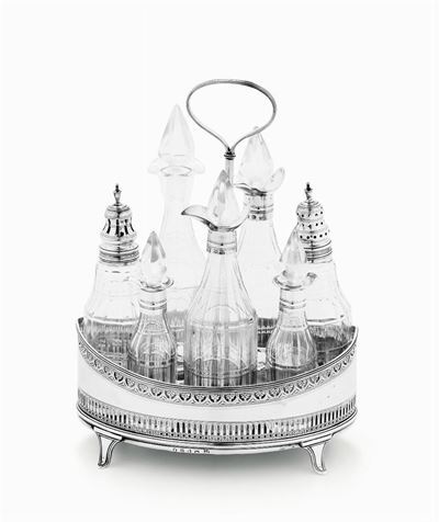 Cruet a Sette Bottiglie in Cristallo e Argento, Londra, 1816, Argentiere Js