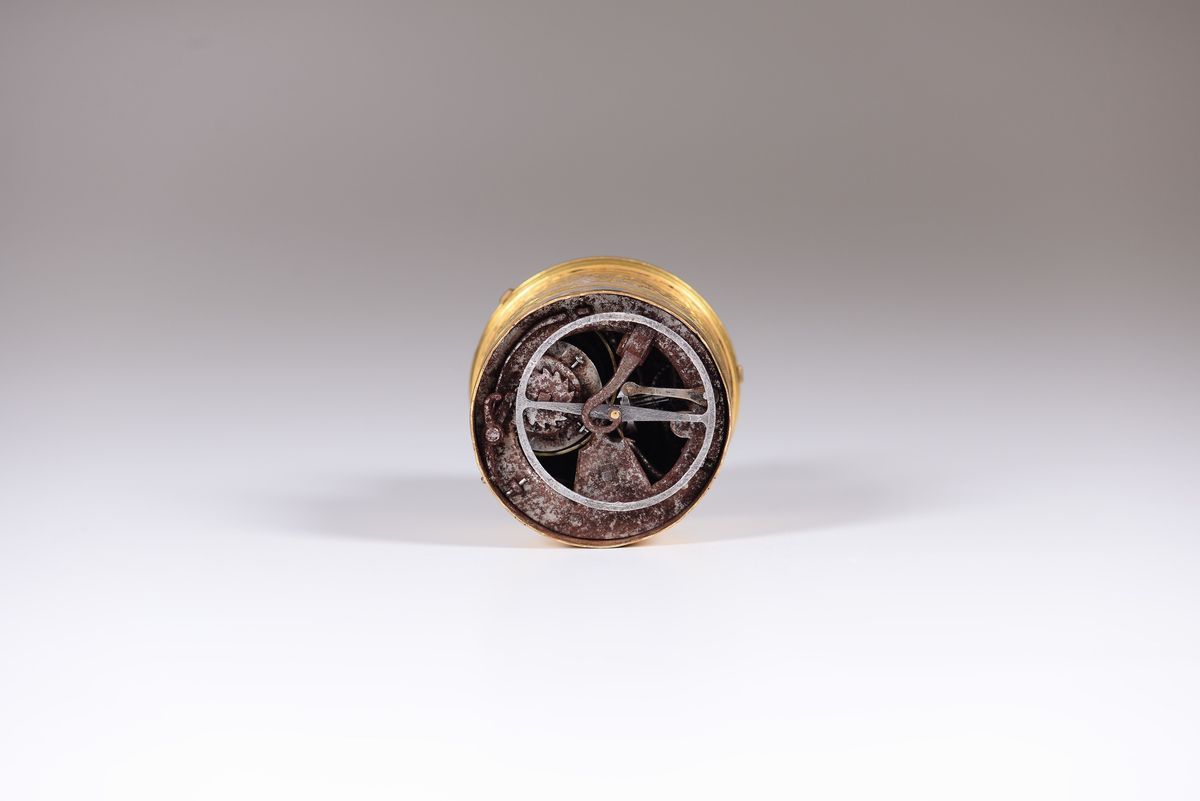 Orologio “tamburina” in Ottone Dorato, Germania, Cassa del XV Secolo