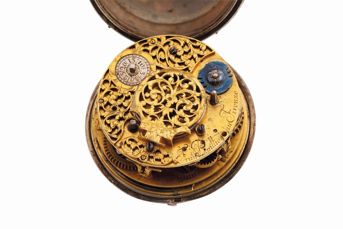 Francesco Papillon, Orologio da Tasca in Argento, Controcassa con Decorazioni Floreali e di Anima...