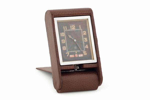 JAEGER-LeCOULTRE, Desk Clock with Calendar, Patent No. 365.884, fine and rare, chrome and crocodile 8-day desk clock with alarm and triple date calendar. Made circa 1938