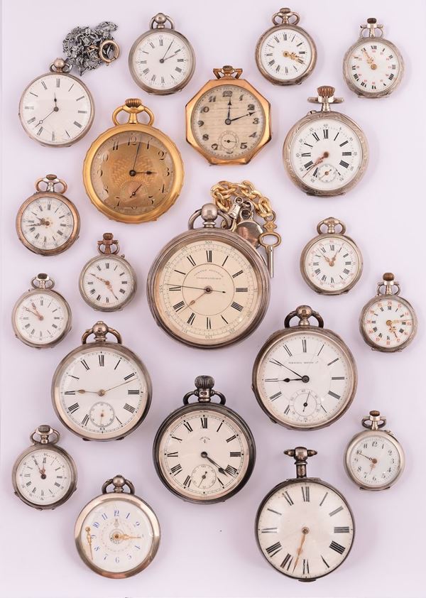 Lotto di venti orologi da tasca in argento e metallo dorato, XIX-XX secolo