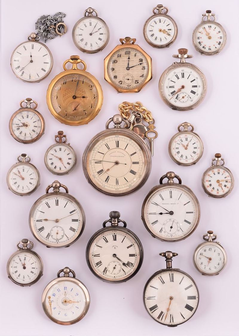 Lotto di venti orologi da tasca in argento e metallo dorato, XIX-XX secolo  - Asta Antiquariato - Cambi Casa d'Aste