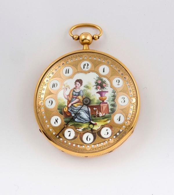Alliez, Bachelard & Terond fils, Geneva, 18K yellow gold pocket watch with enamels. Made circa 1850