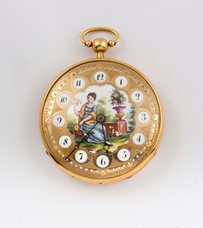 Alliez, Bachelard & Terond fils, orologio da tasca, in oro giallo 18K con smalti. Realizzato nel 1850  - Asta Orologi da Polso e da Tasca - Cambi Casa d'Aste