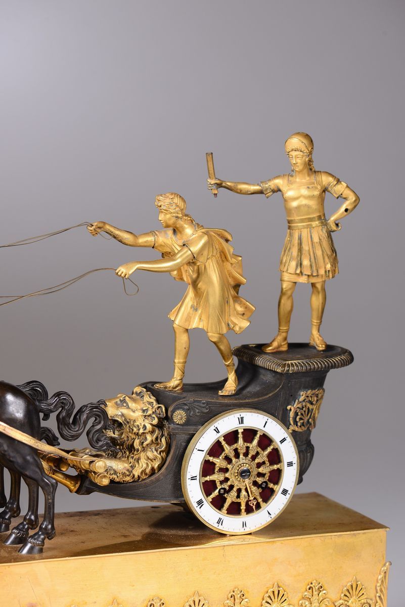 Pendola da Tavolo Carlo X in Bronzo, Francia, Villemains a Paris, Prima Metà XIX Secolo