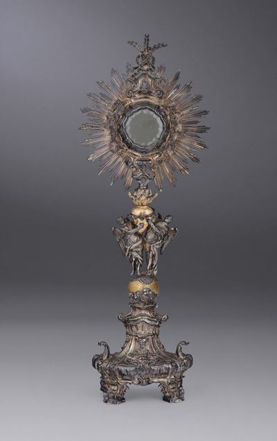 Ostensorio in Argento Fuso, Sbalzato, Cesellato e Dorato, Manifattura Napoletana, Fine XVIII Seco...