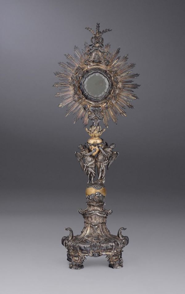Ostensorio in argento fuso, sbalzato, cesellato e dorato, manifattura napoletana, fine XVIII secolo