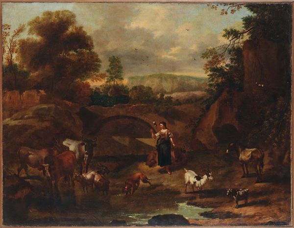 Scuola fiamminga del XVIII secolo Paesaggio fluviale con animali