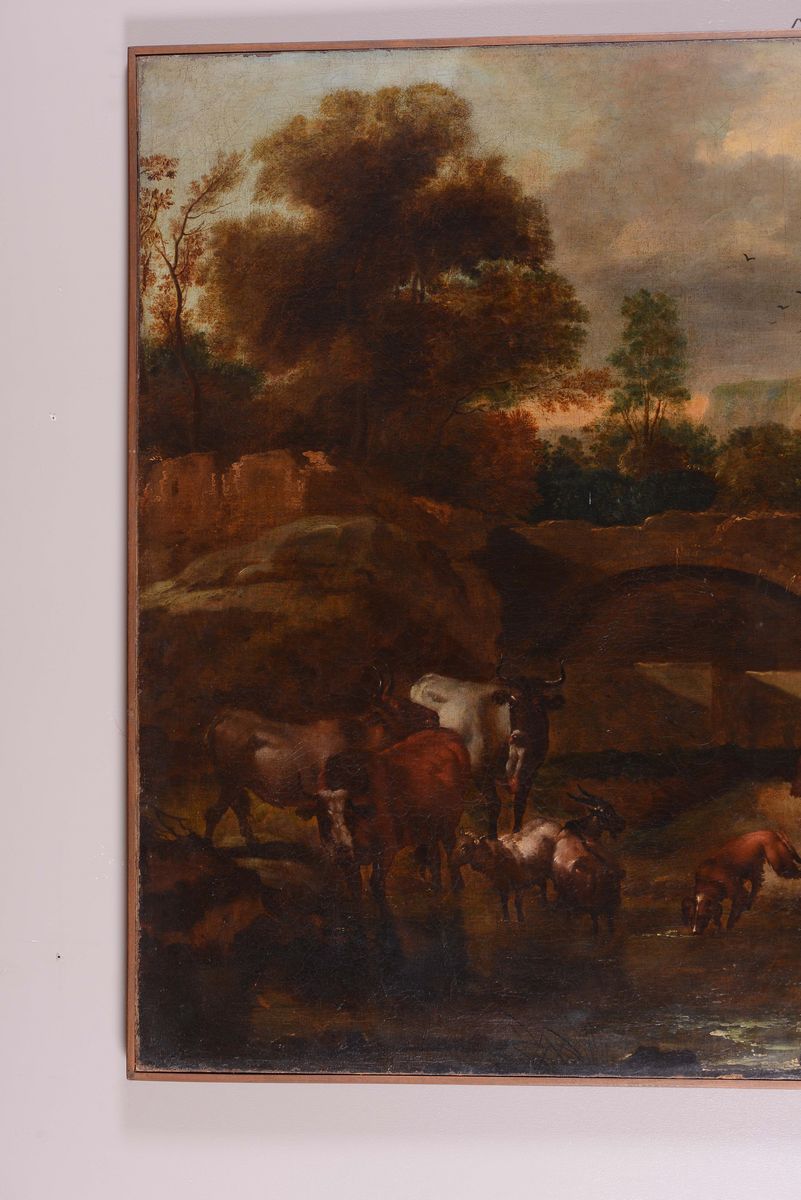Scuola Fiamminga del XVIII Secolopaesaggio Fluviale con Animali