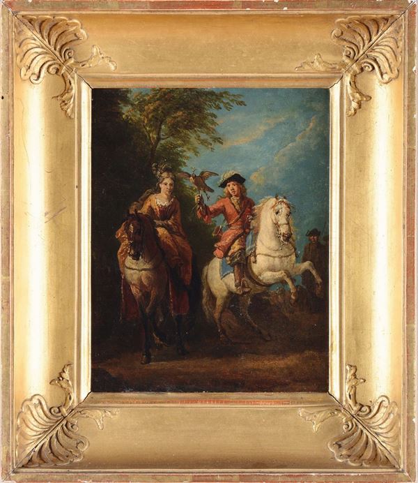 Pieter Van Bloemen detto lo Stendardo (Anversa 1657-1720), attribuito a La partenza per la caccia con il falcone