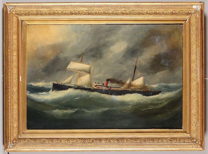 Marie-Edouard Adam (1847-1929) Ritratto di un piroscafo in navigazione della Transat, 1878  - Asta Arte Marinara e Strumenti Scientifici - Cambi Casa d'Aste