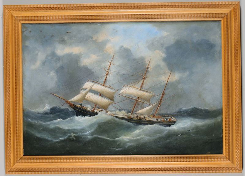 Marie-Edouard Adam (1847-1929) Ritratto di un brigantino a palo in navigazione, 1885  - Asta Arte Marinara e Strumenti Scientifici - Cambi Casa d'Aste
