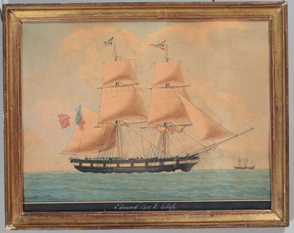 Francois Geoffroy Roux (1811-1882), attribuito a Ritratto di brigantino in navigazione del Capitano Edmond La Golfe