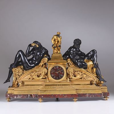 Pendola da Camino in Bronzo e Marmo Rosso, Francia XIX Secolo