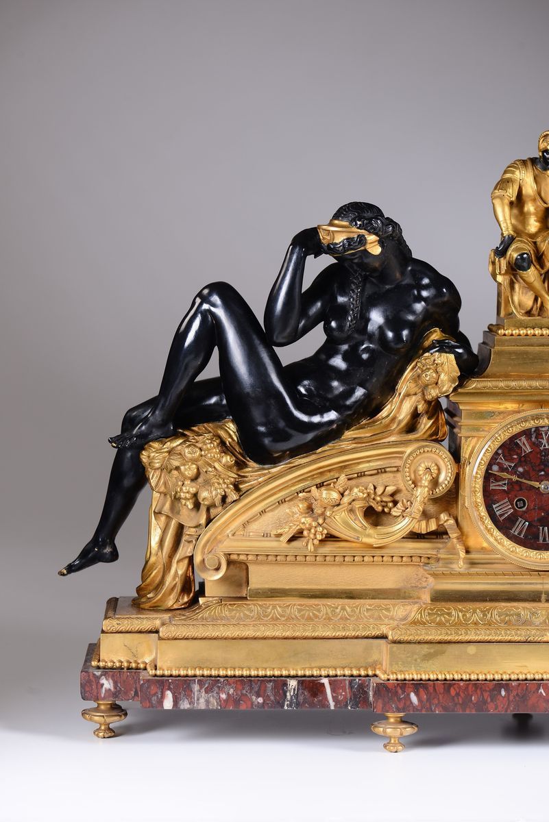 Pendola da Camino in Bronzo e Marmo Rosso, Francia XIX Secolo