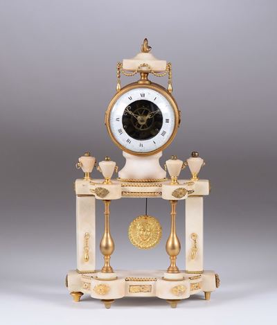 Pendola a Portico Luigi XVI in Marmo e Bronzo Dorato, Warnler, Francia Fine XVIII Secolo