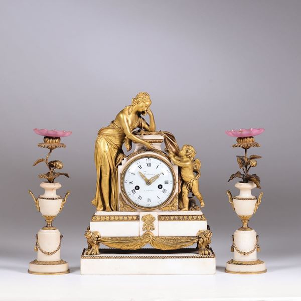 A white marble, white bronze and ormolu triptych clock, Fasteau a Paris, late 18th century