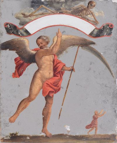 Quadrante di Orologio Notturno in Vetro Dipinto con Figura di Chronos, XVIII Secolo