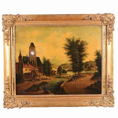 Orologio a Quadro Raffigurante Paesaggio Fluviale con Figure ed Architetture Ad Olio, XIX Secolo